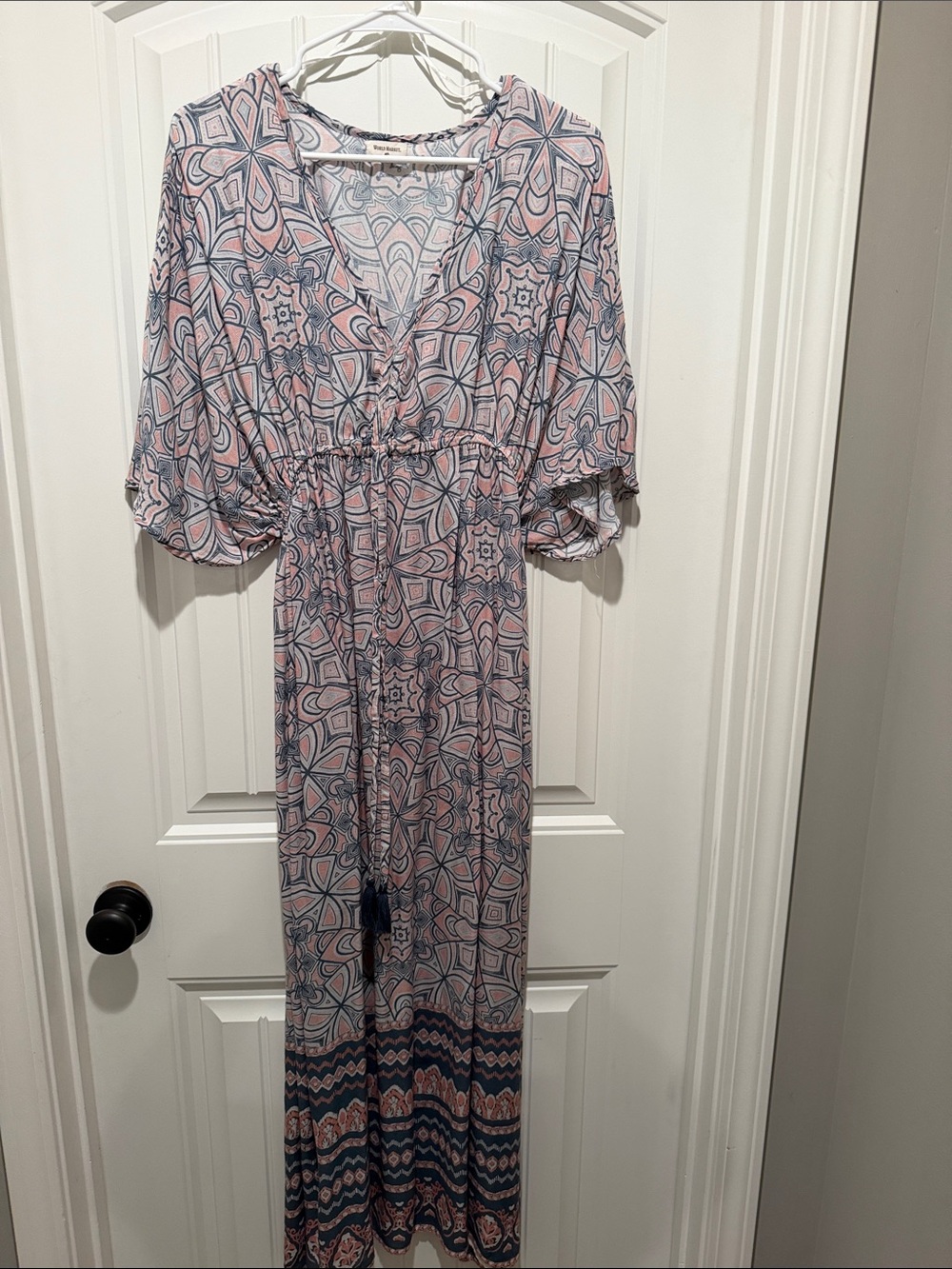 World market Pink and Blue Printed Maxi Dress with V-Neck and cinch waist